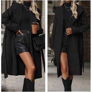 Classic belted pocket hoodie trench coat jacket